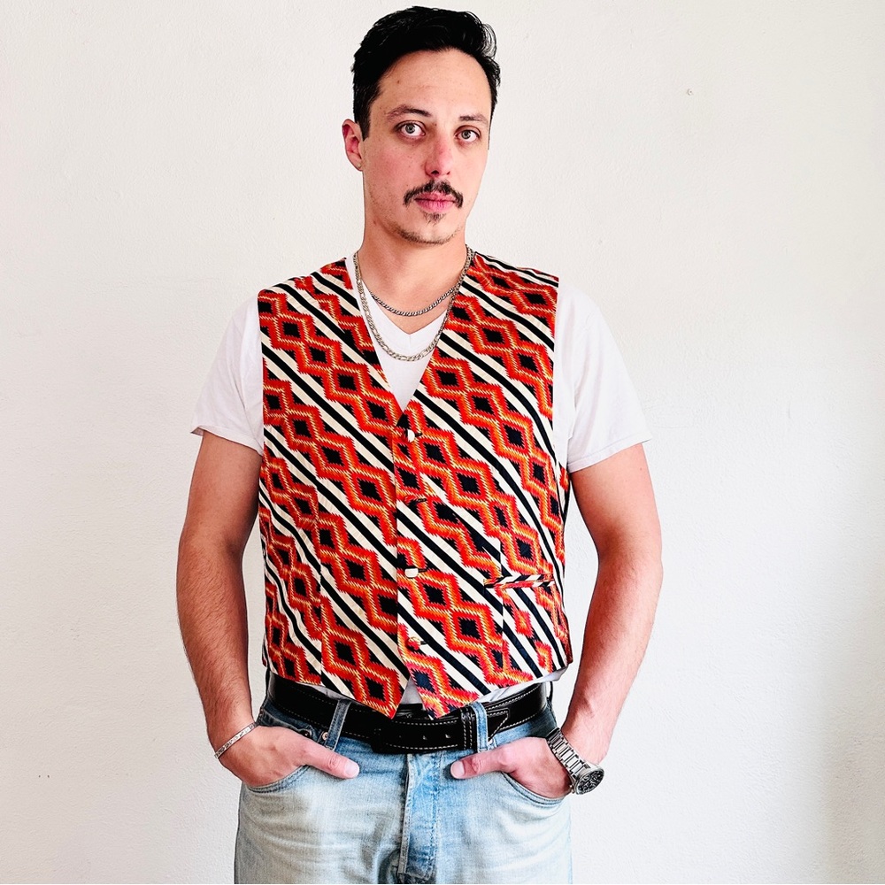 Vintage Silk Southwestern Vest Mens Orange Black Navajo Western Cowboy Chevron